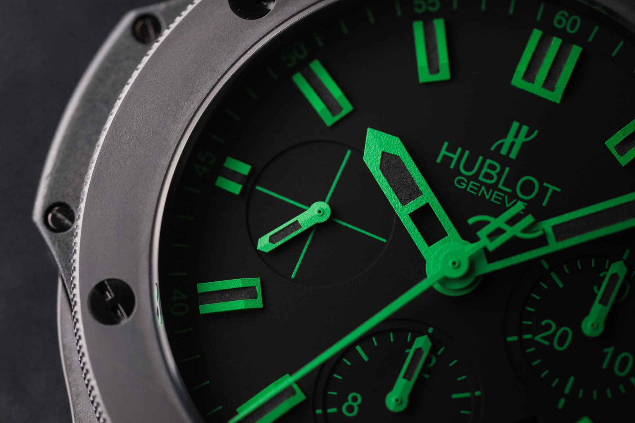 Hublot Big Bang All Black Green dial showing full chronograph layout and green lume