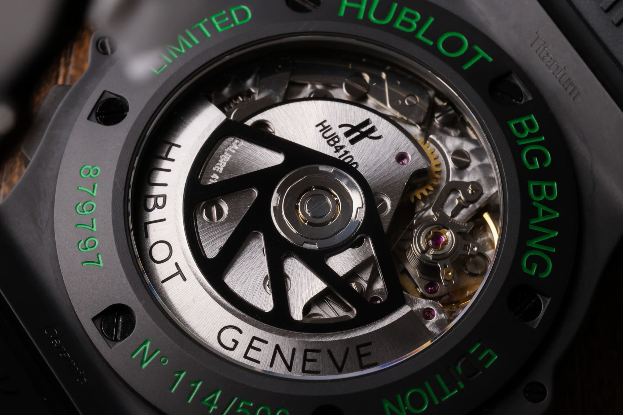 Hublot Big Bang All Black Green exhibition caseback showing HUB 4100 automatic movement