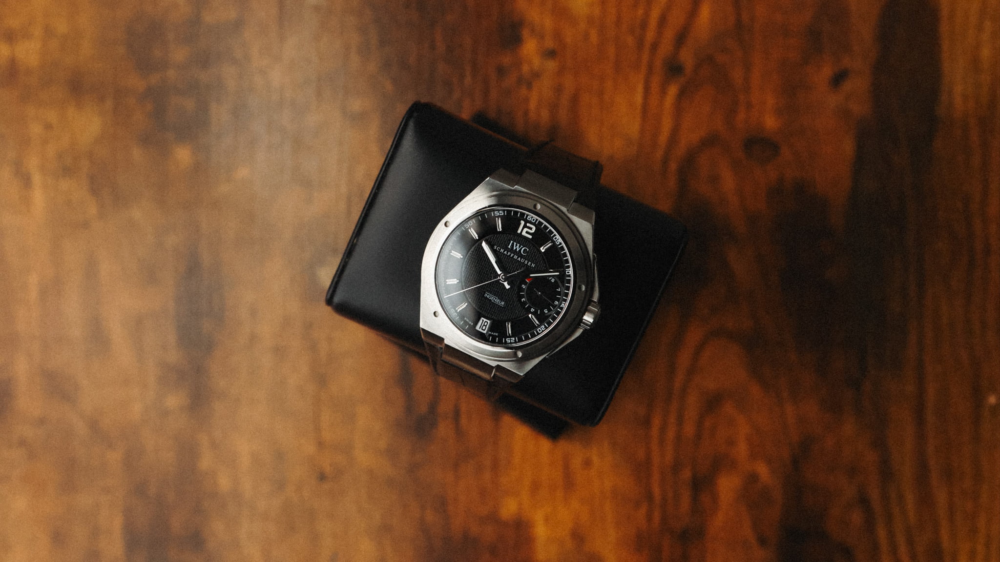 IWC Big Ingenieur 45.5mm IW500501 on black leather strap, top-down view