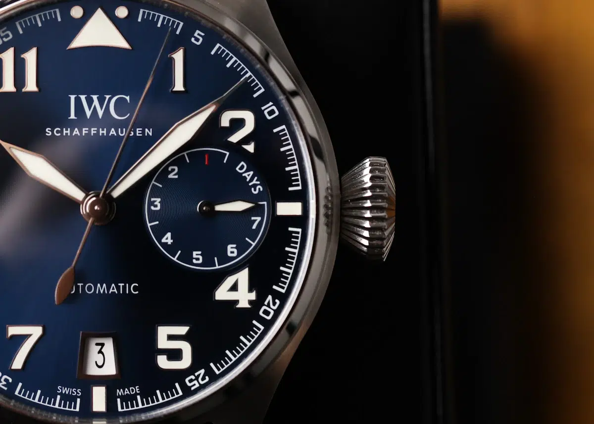 IWC Big Pilot Le Petit Prince IW500908 showing crown, case profile, and oversized pilot watch design