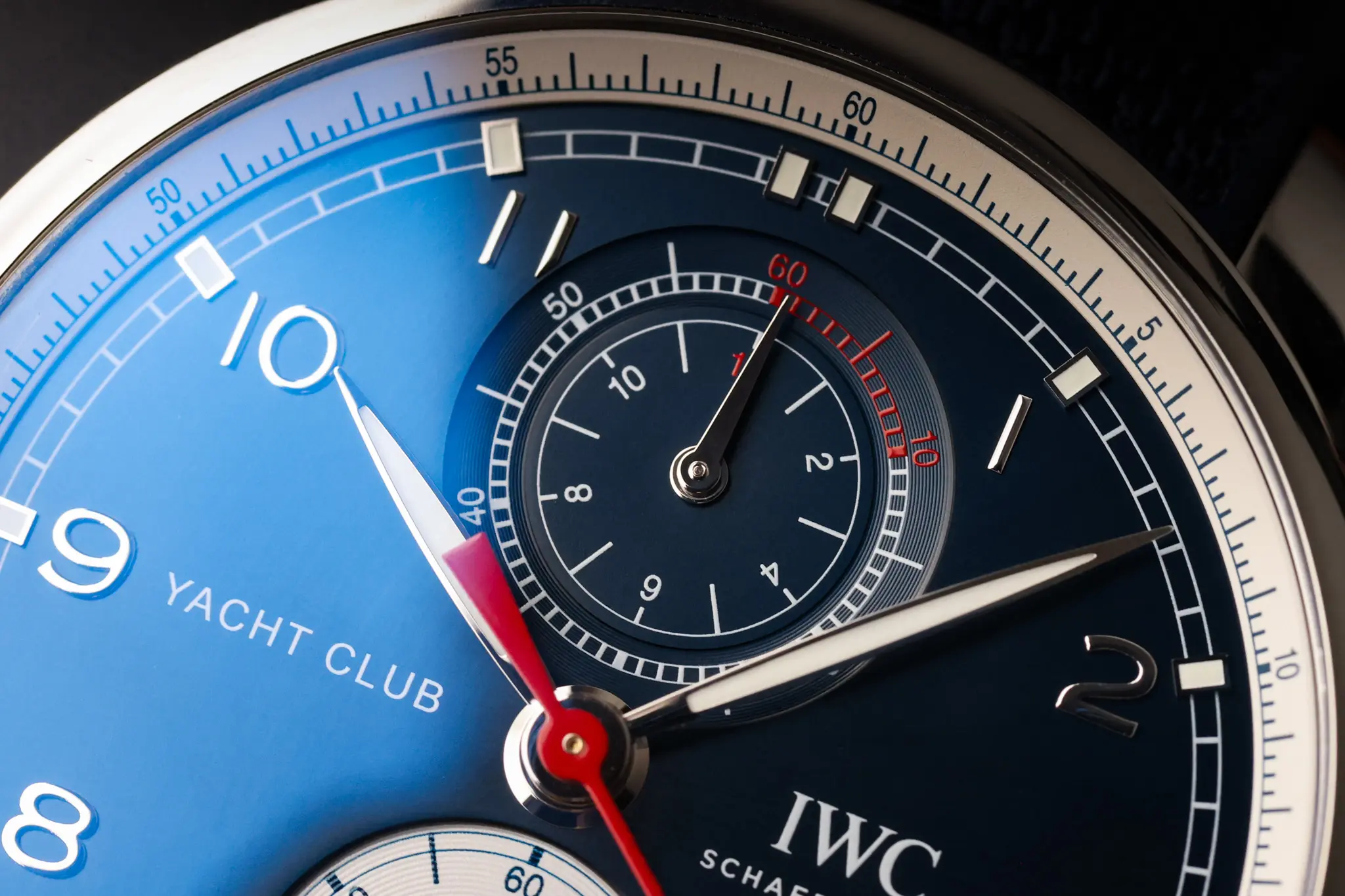 IWC Portugieser Yacht Club Orlebar Brown blue dial bi-compax chronograph close-up