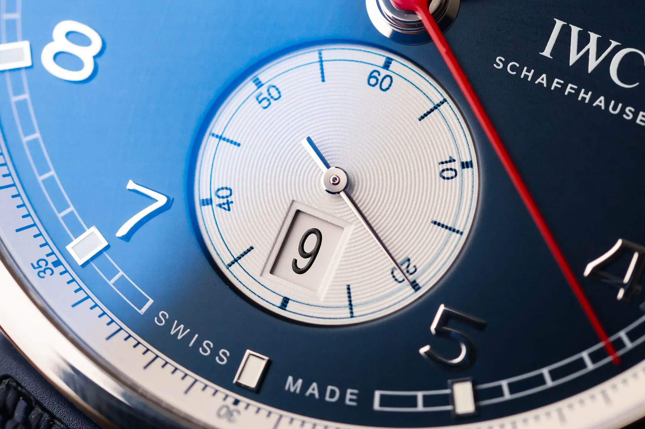 IWC Yacht Club Orlebar Brown date window and minute track close-up