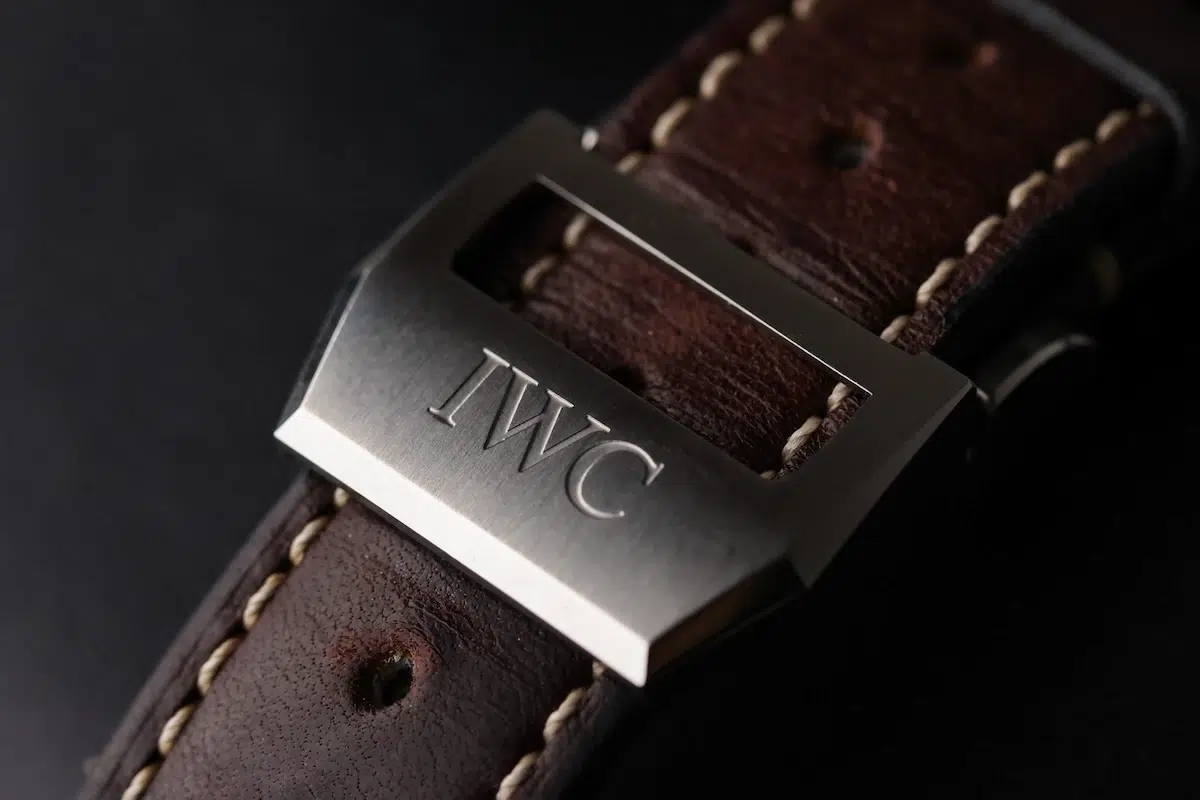 IWC signed stainless steel deployant clasp on the Big Pilot Le Petit Prince leather strap