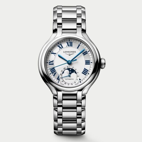 Longines PrimaLuna Moonphase L8.126.4.71.6 automatic watch with opaline ivory Roman numeral dial and stainless steel bracelet