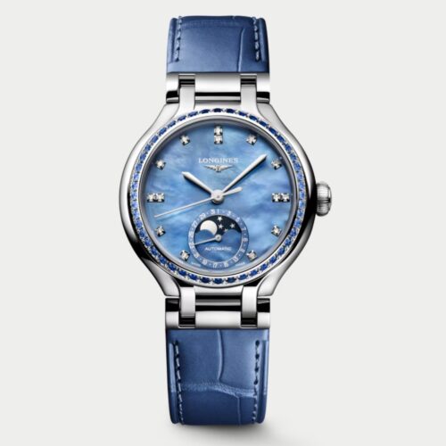 Longines PrimaLuna Moonphase L8.126.0.97.2 automatic watch with blue mother-of-pearl diamond dial and blue alligator leather strap