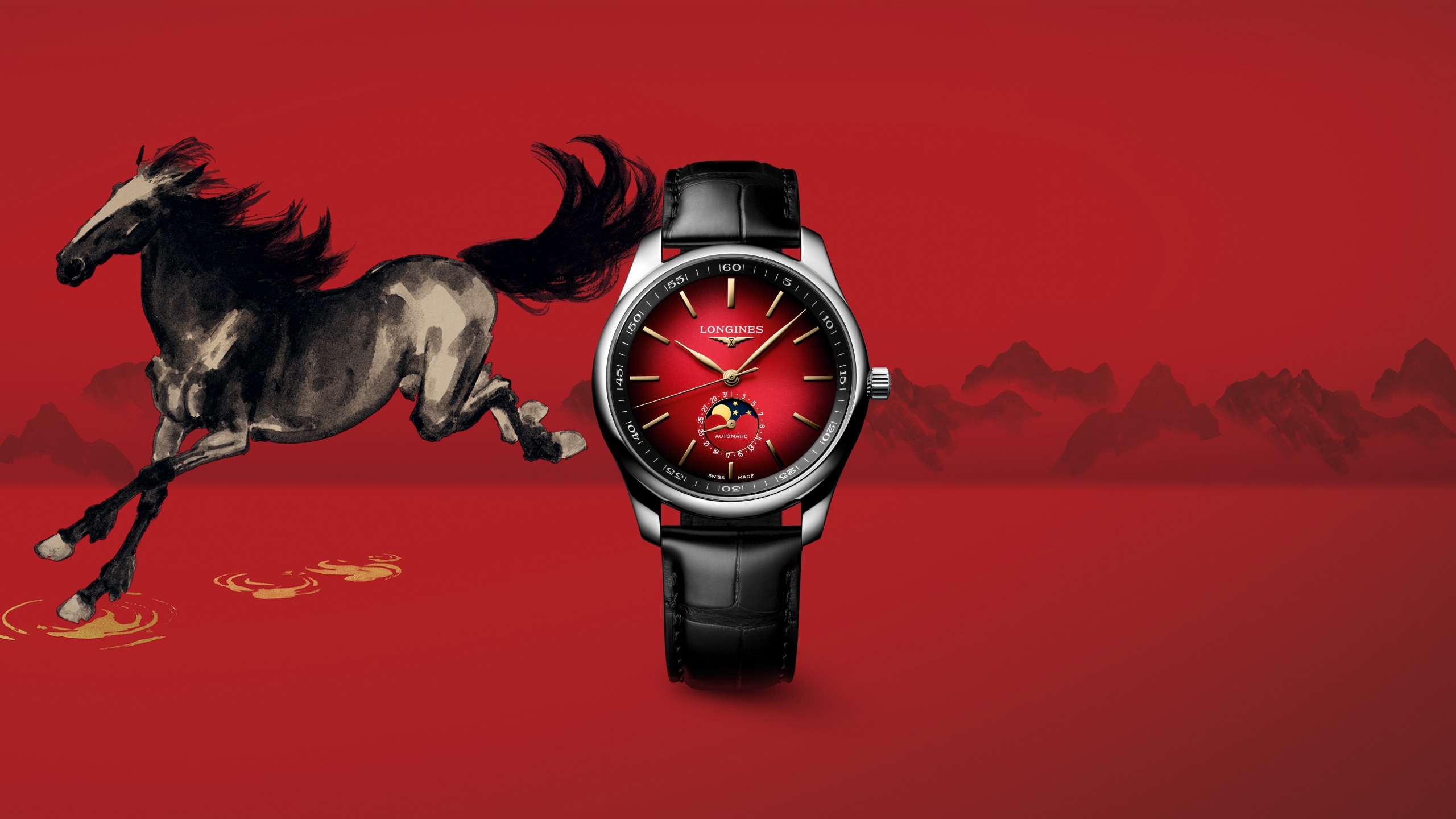 Longines Master Collection Year of the Horse Edition on red background with horse