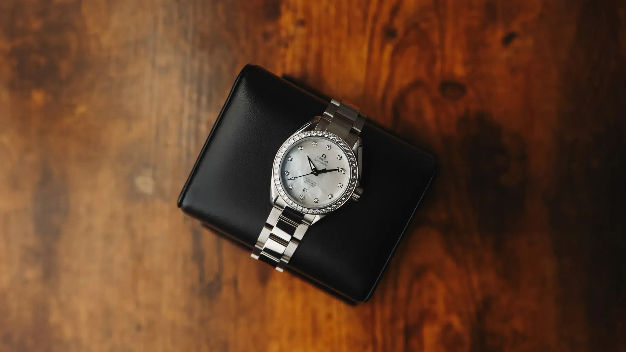 Omega Seamaster Aqua Terra 150M photographed on a leather travel case