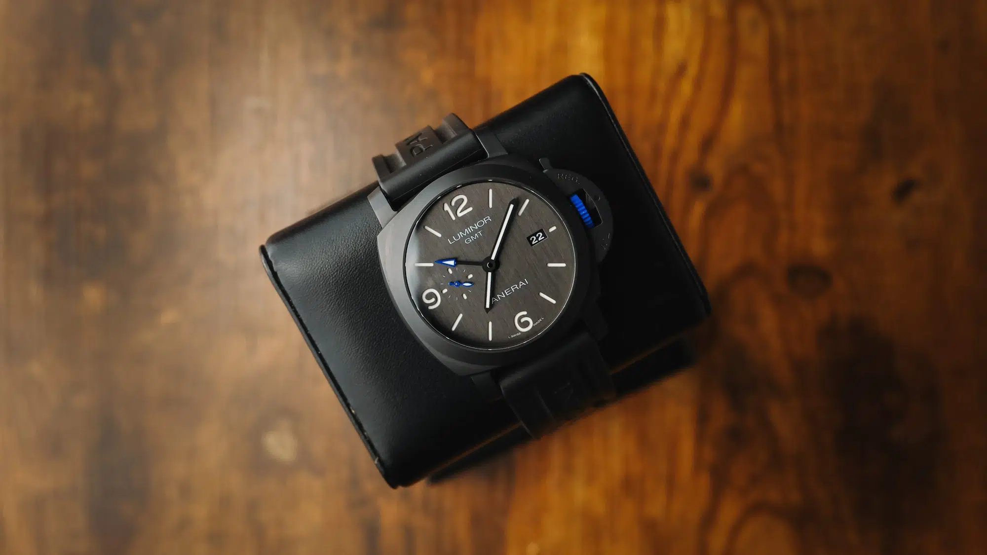 Panerai Luminor GMT Bucherer Blue PAM01176 full watch display on presentation box