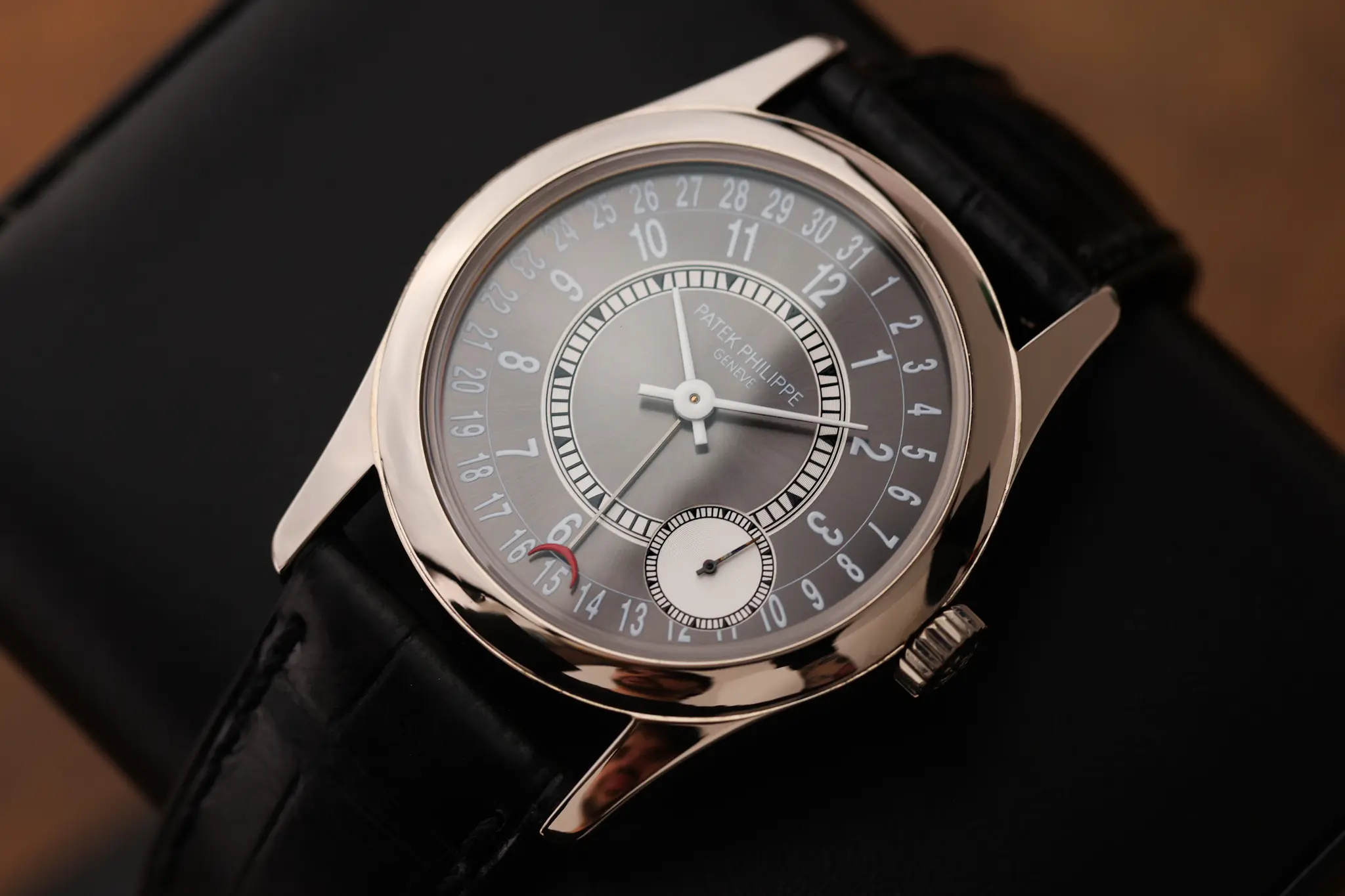 Patek Philippe Calatrava 6000G on black leather strap angled view