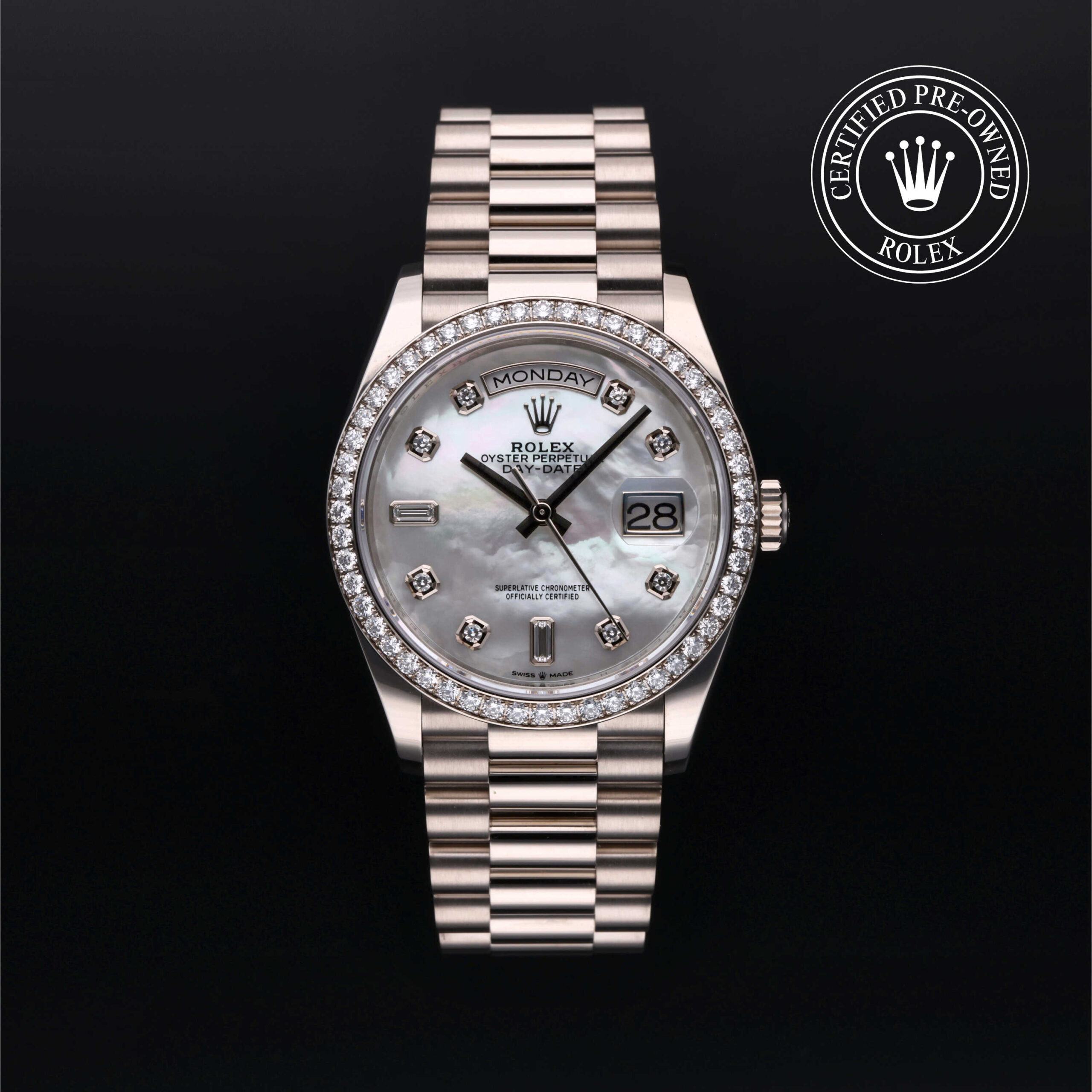 Rolex Day-Date 128349RBR with diamond mother-of-pearl dial