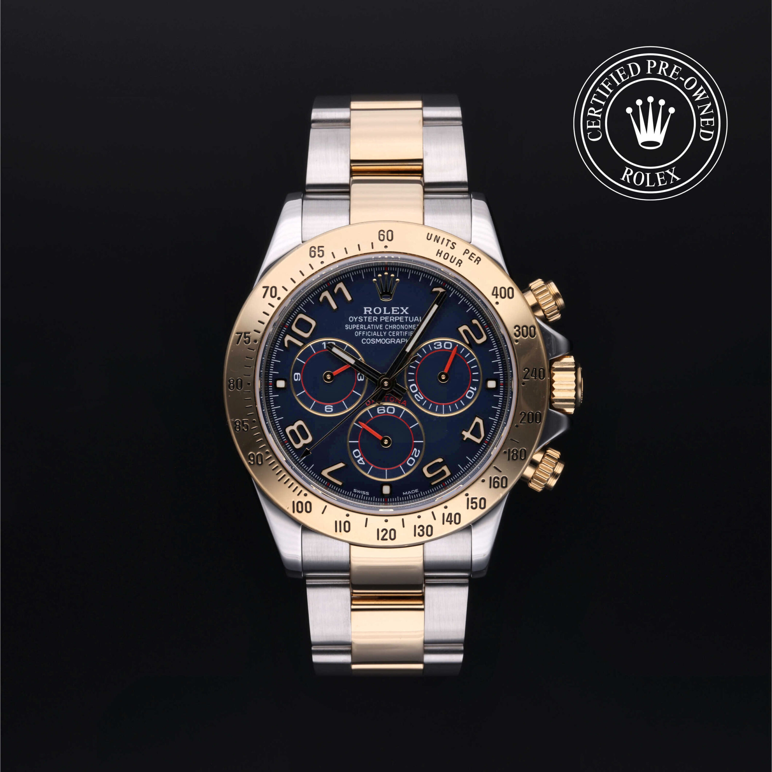Rolex Daytona 116523 with blue dial and yellow gold accents
