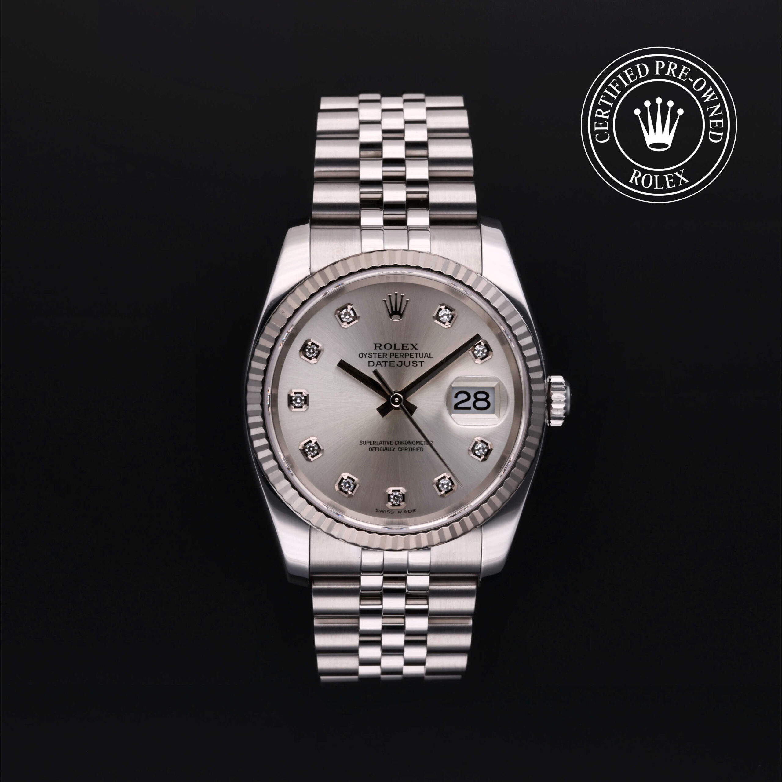 Rolex Datejust 116234 with silver diamond dial on Jubilee bracelet
