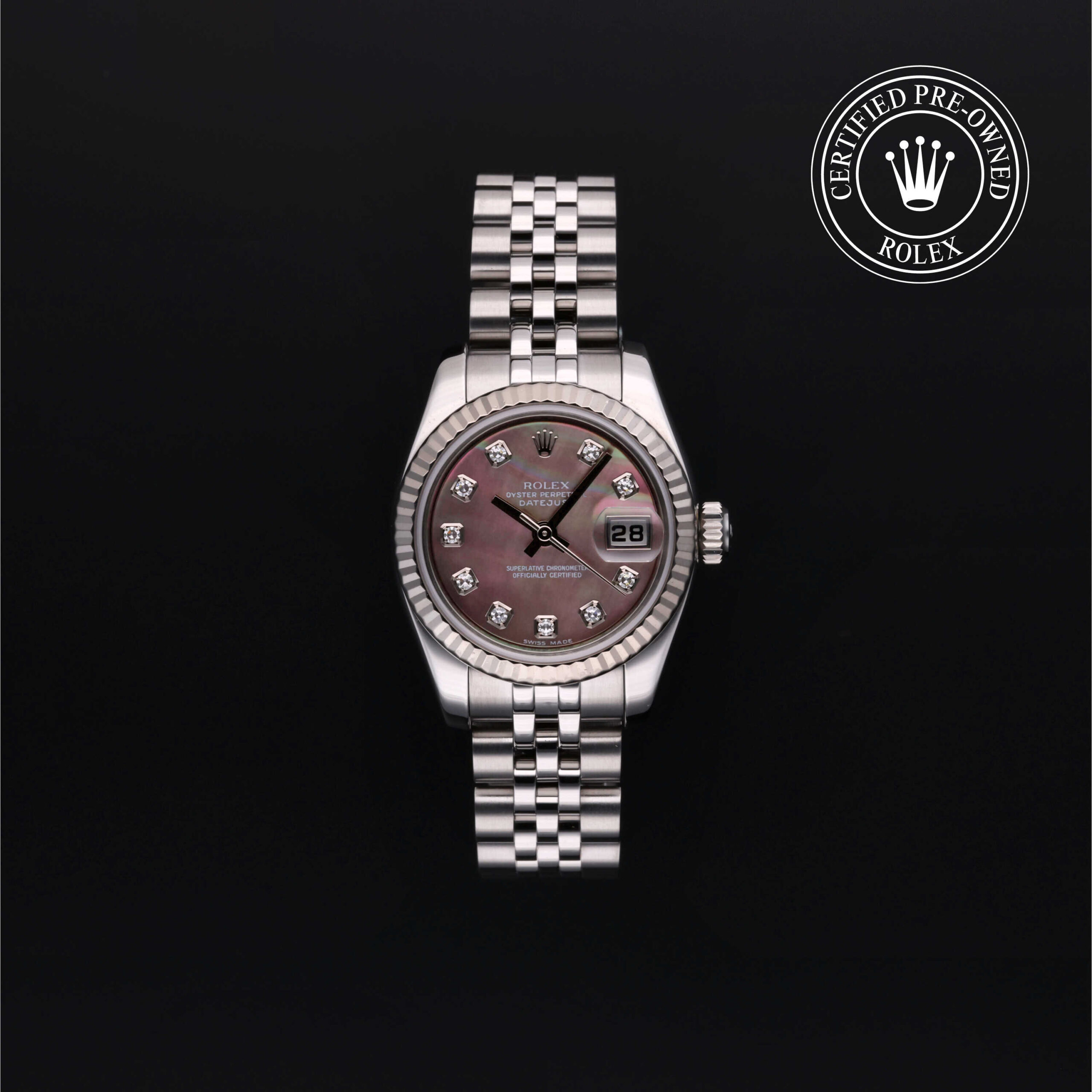 Rolex Lady-Datejust 179174 with black mother-of-pearl dial and diamonds