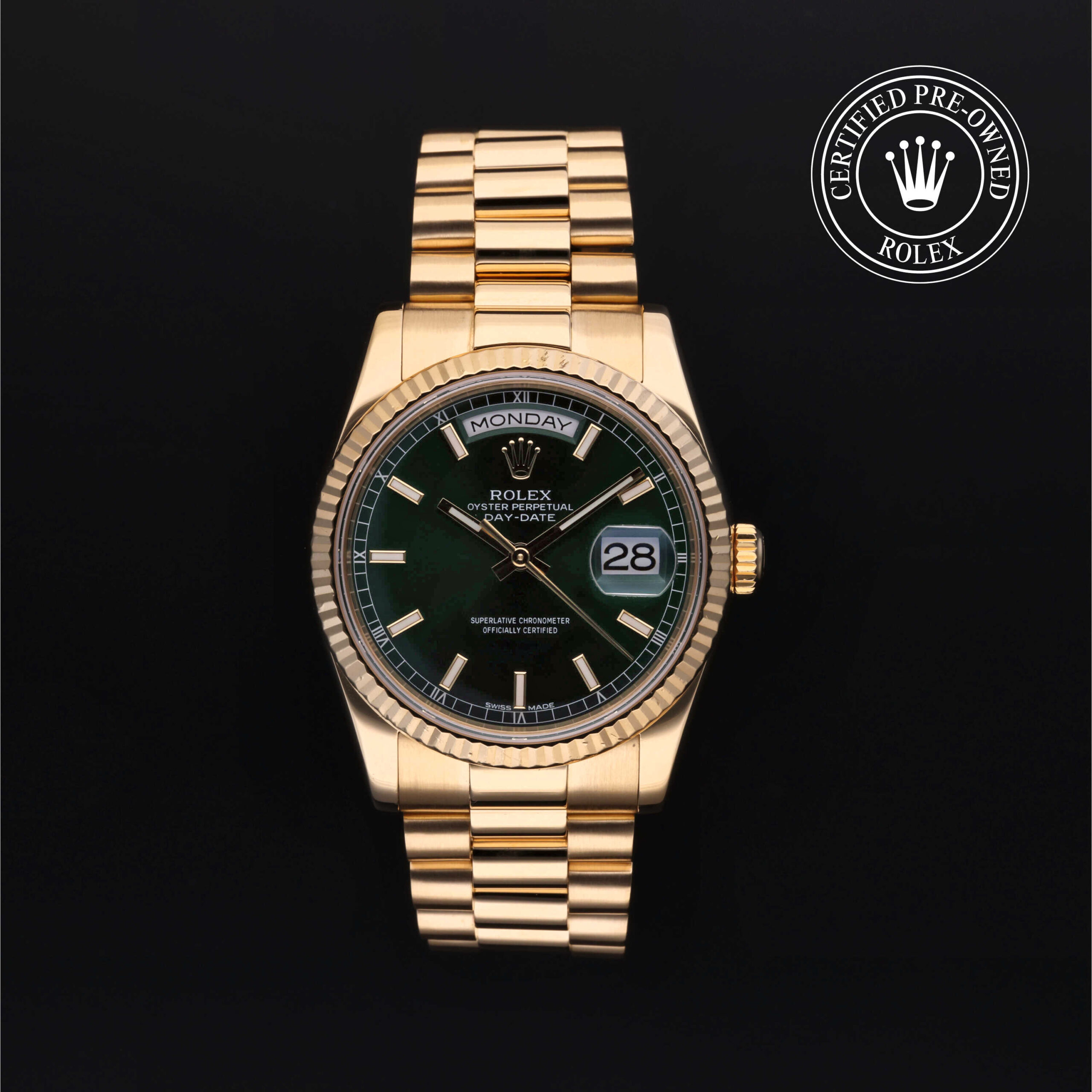 Rolex Day-Date 118238 with green dial and yellow gold case