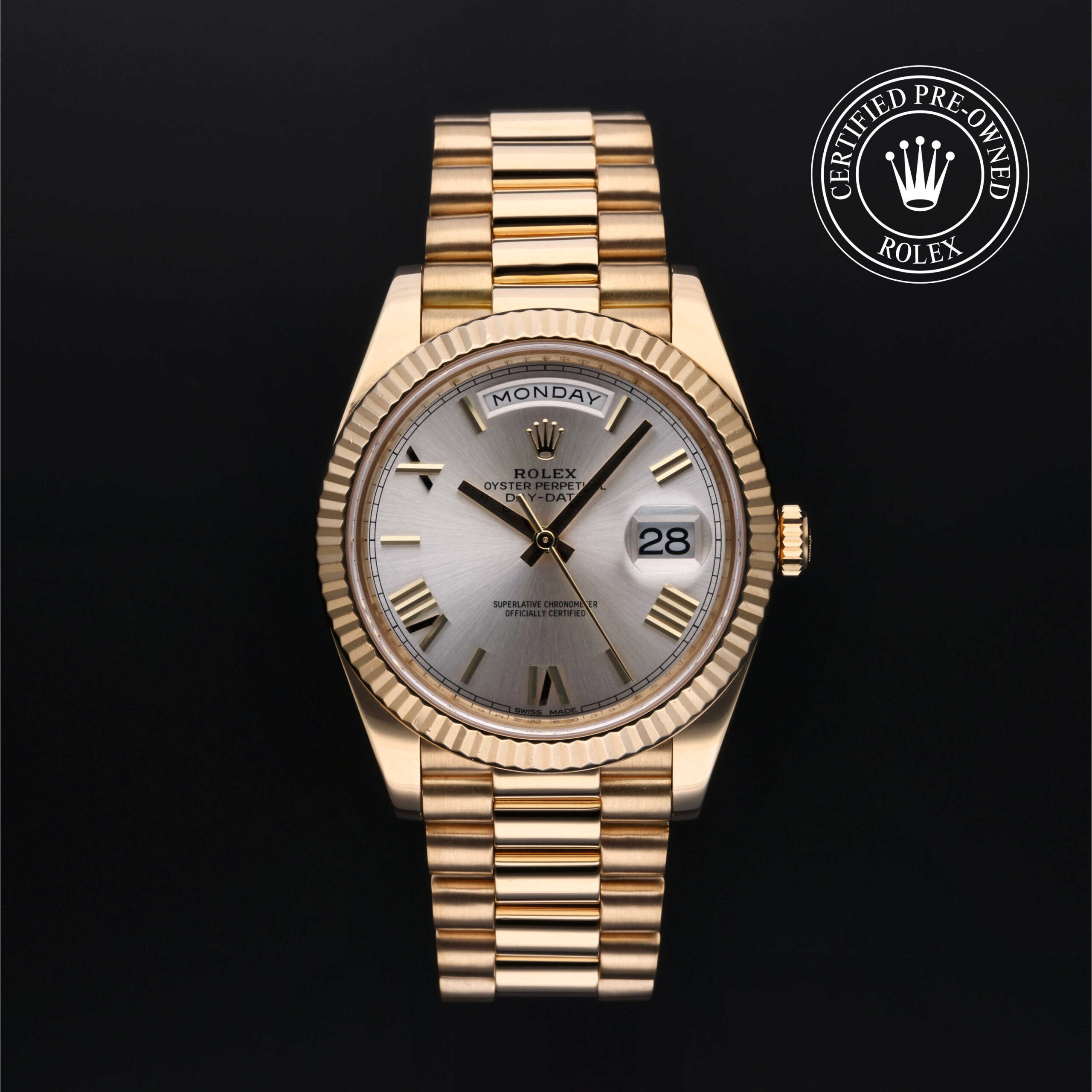 Rolex Certified Pre-Owned Day-Date 40 Ref 228238 18k Yellow Gold Silver Roman Dial