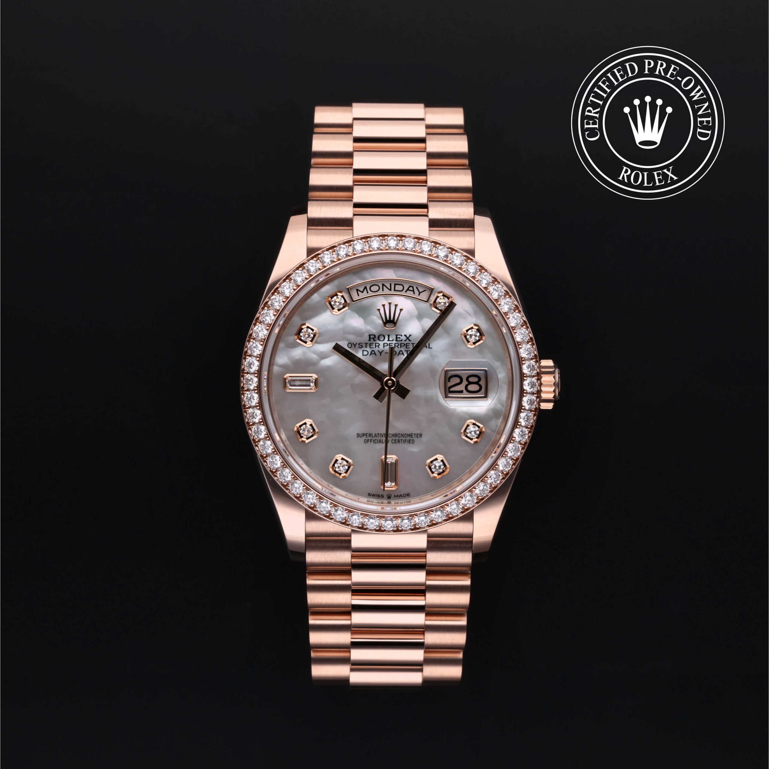 Rolex Day-Date 36 128345RBR Mother-of-Pearl Diamond Dial Everose Gold