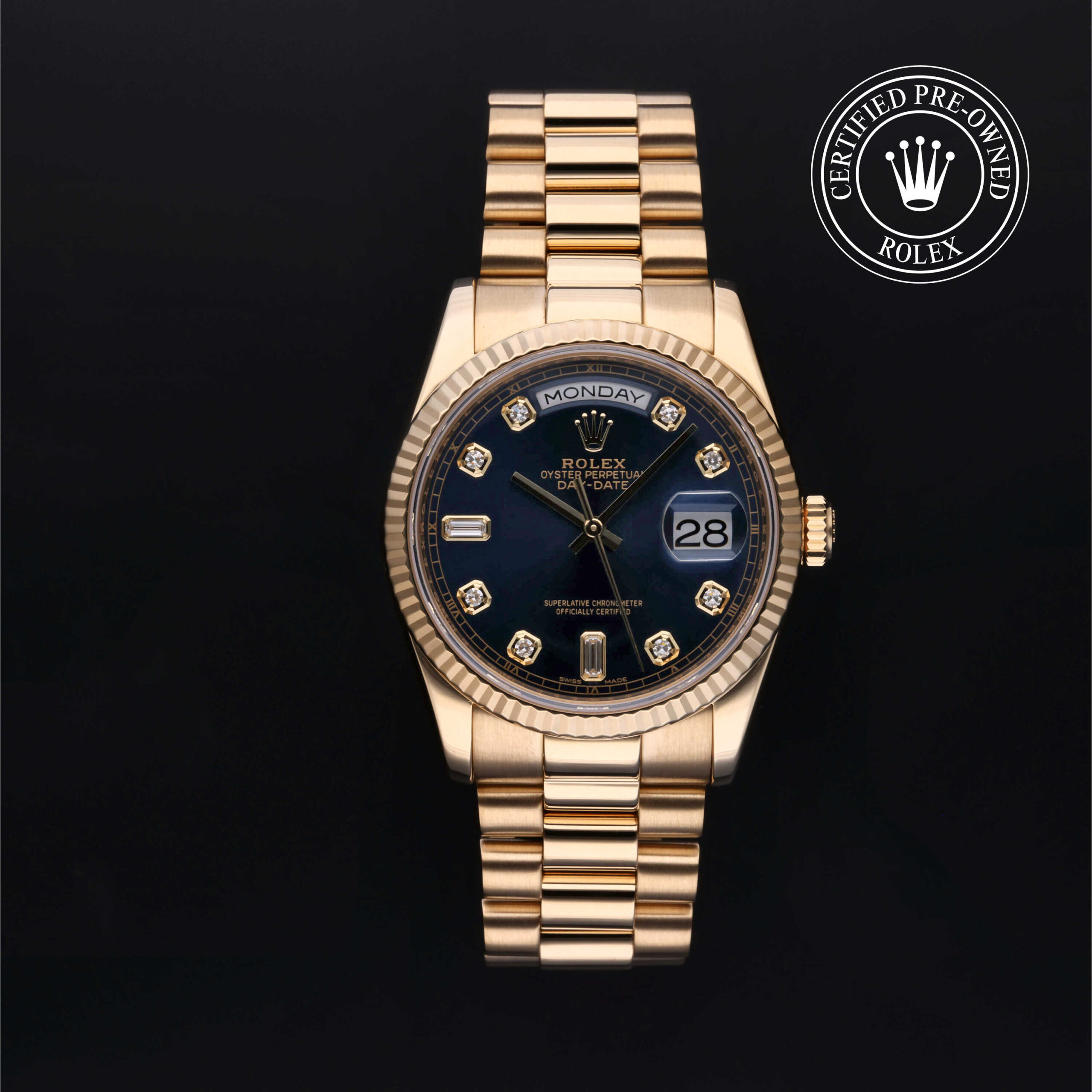 Rolex Certified Pre-Owned Day-Date 118238 Blue Diamond Dial 36mm Yellow Gold | Precision Watches