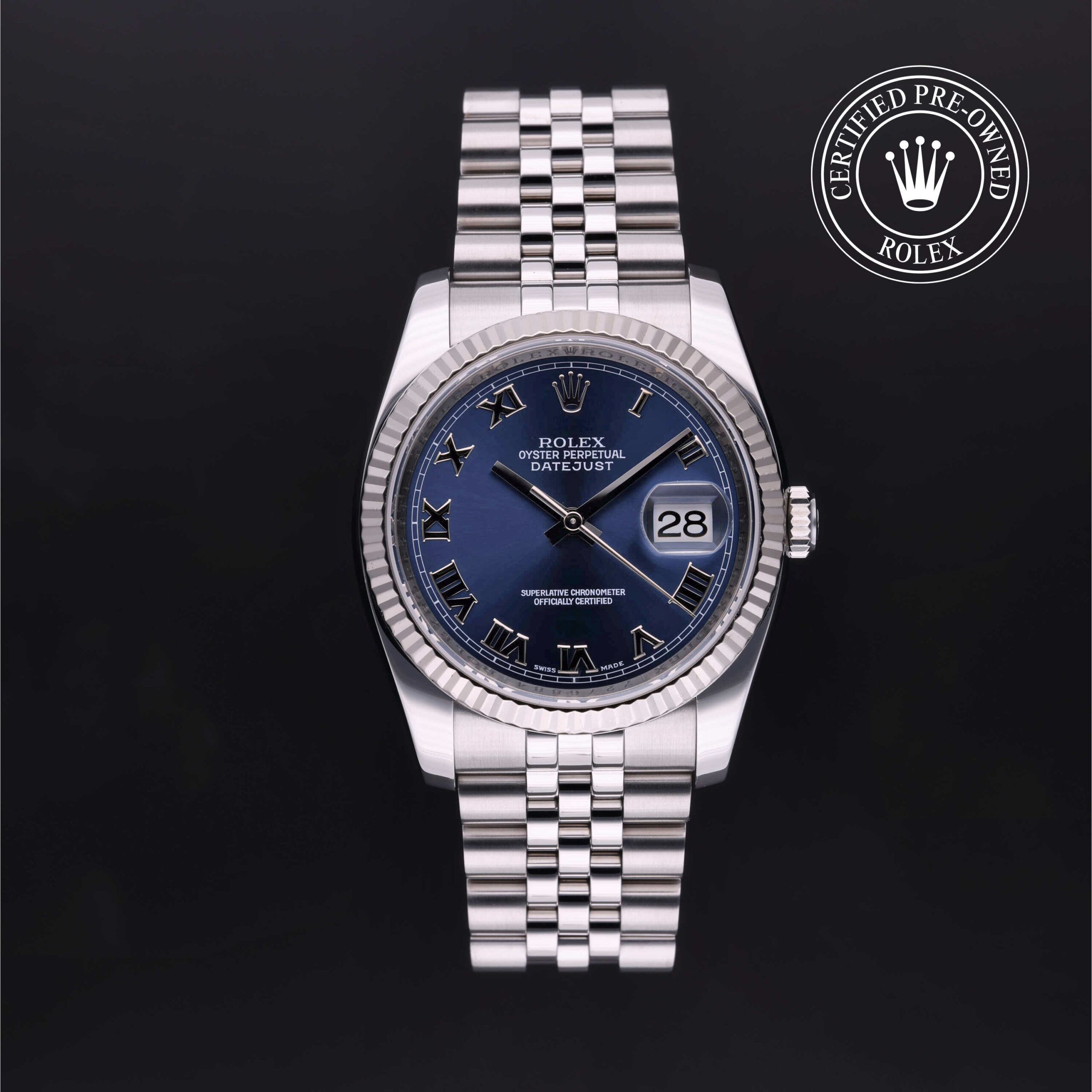 Rolex Certified Pre-Owned Datejust 116234 Blue Roman Dial 36mm White Rolesor Jubilee | Precision Watches