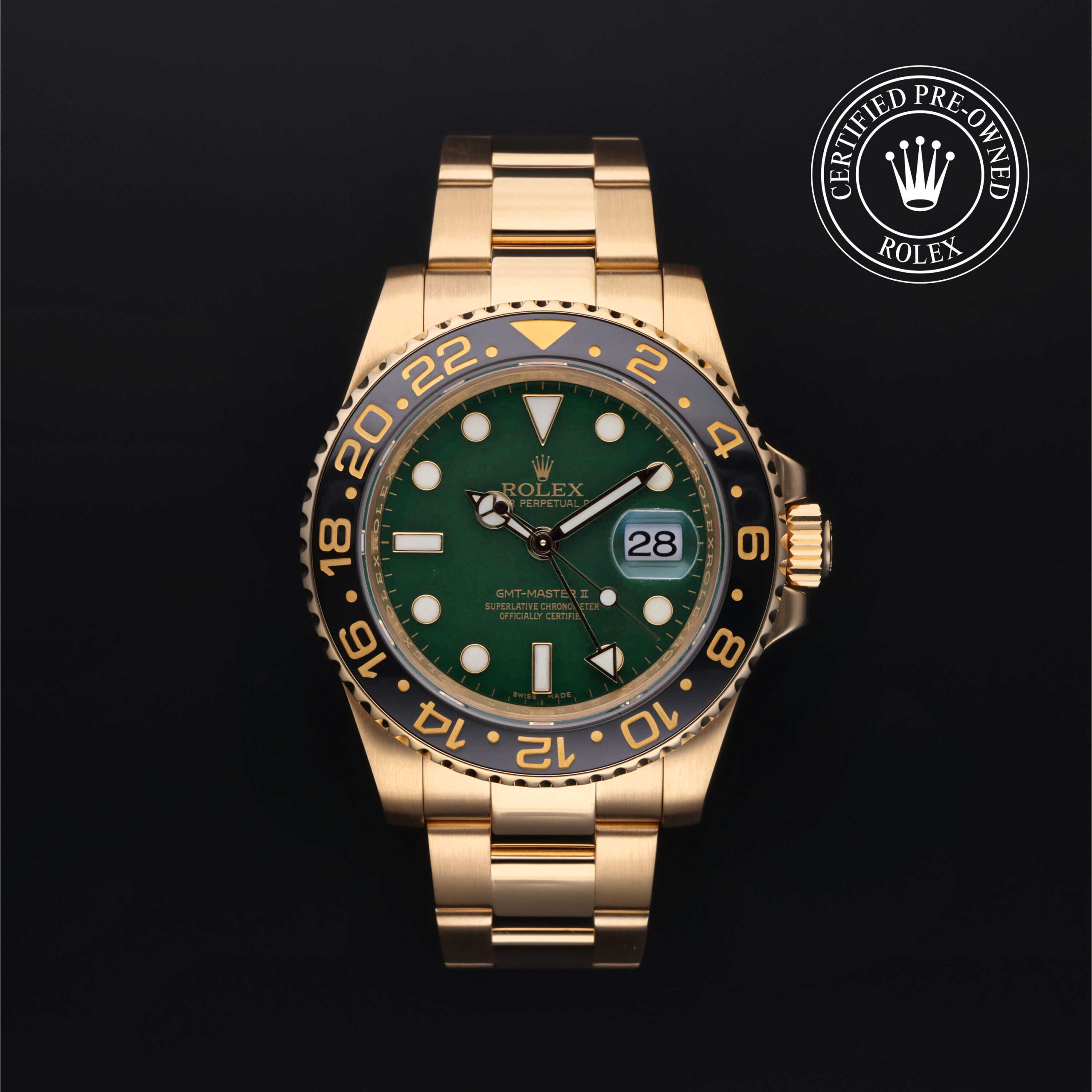 Rolex Certified Pre-Owned GMT-Master II 116718LN Green Dial 40mm Yellow Gold | Precision Watches