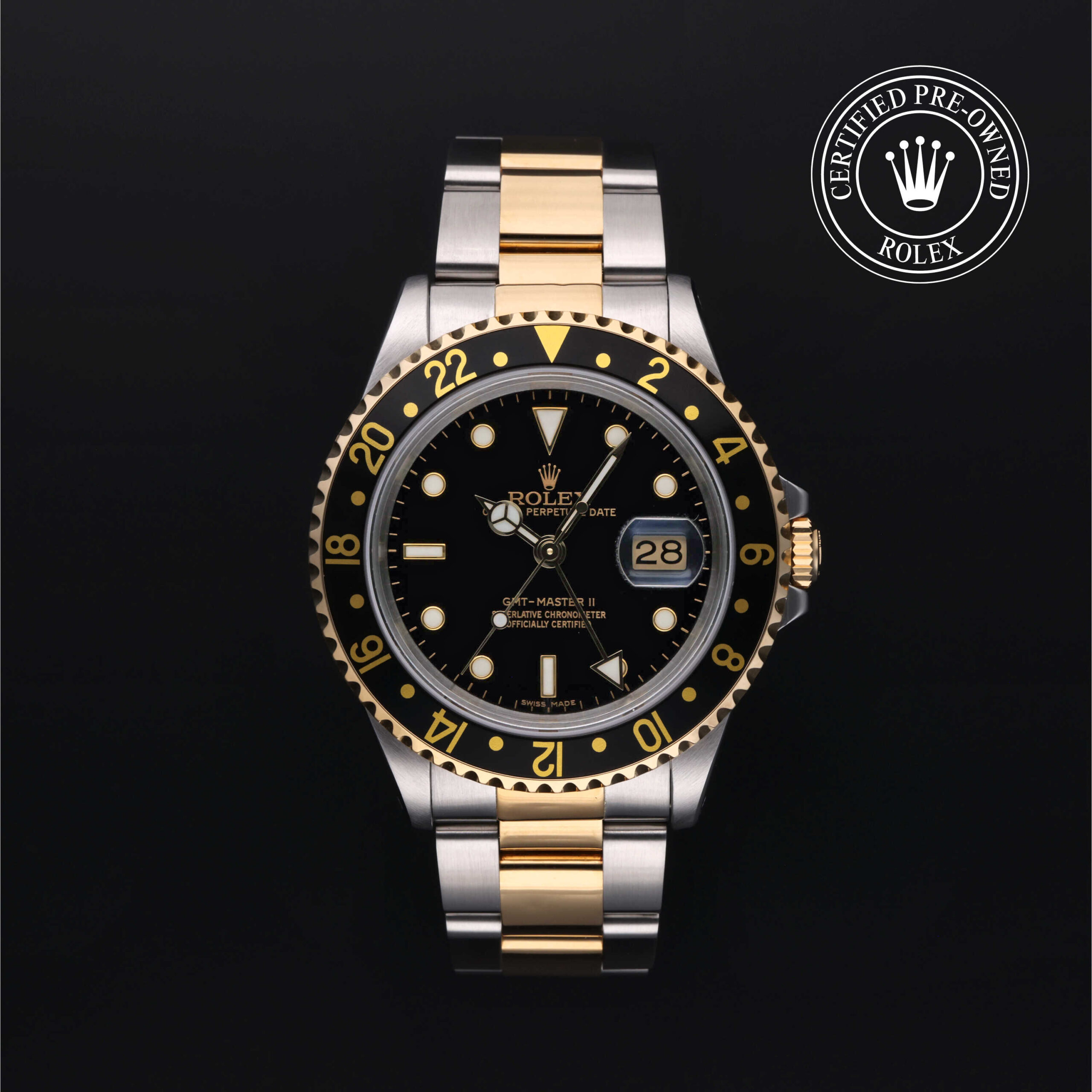 Rolex Certified Pre-Owned GMT-Master II 16713LN Black Dial 40mm Yellow Rolesor Jubilee | Precision Watches