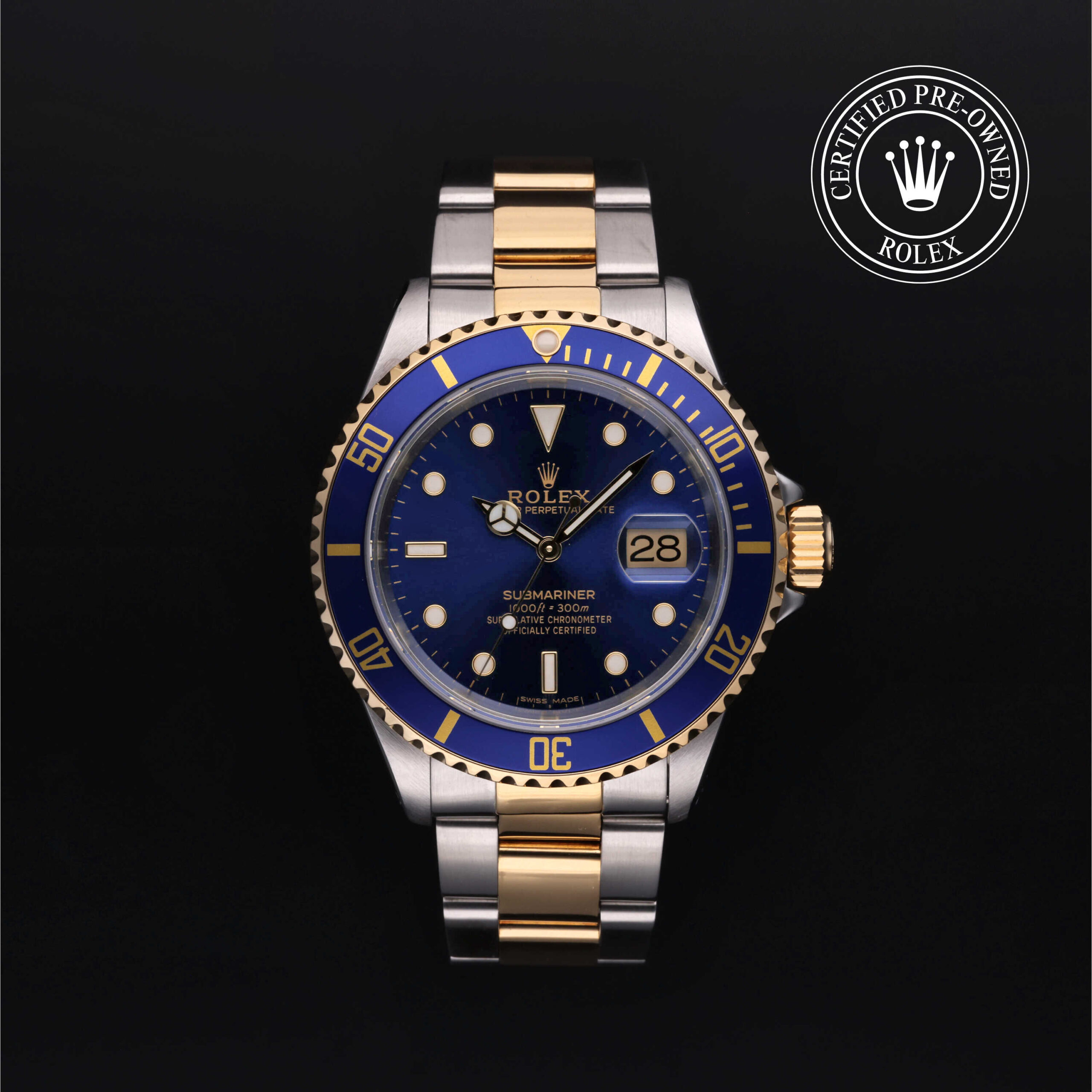 Rolex Certified Pre-Owned Submariner Date yellow gold steel blue dial front view