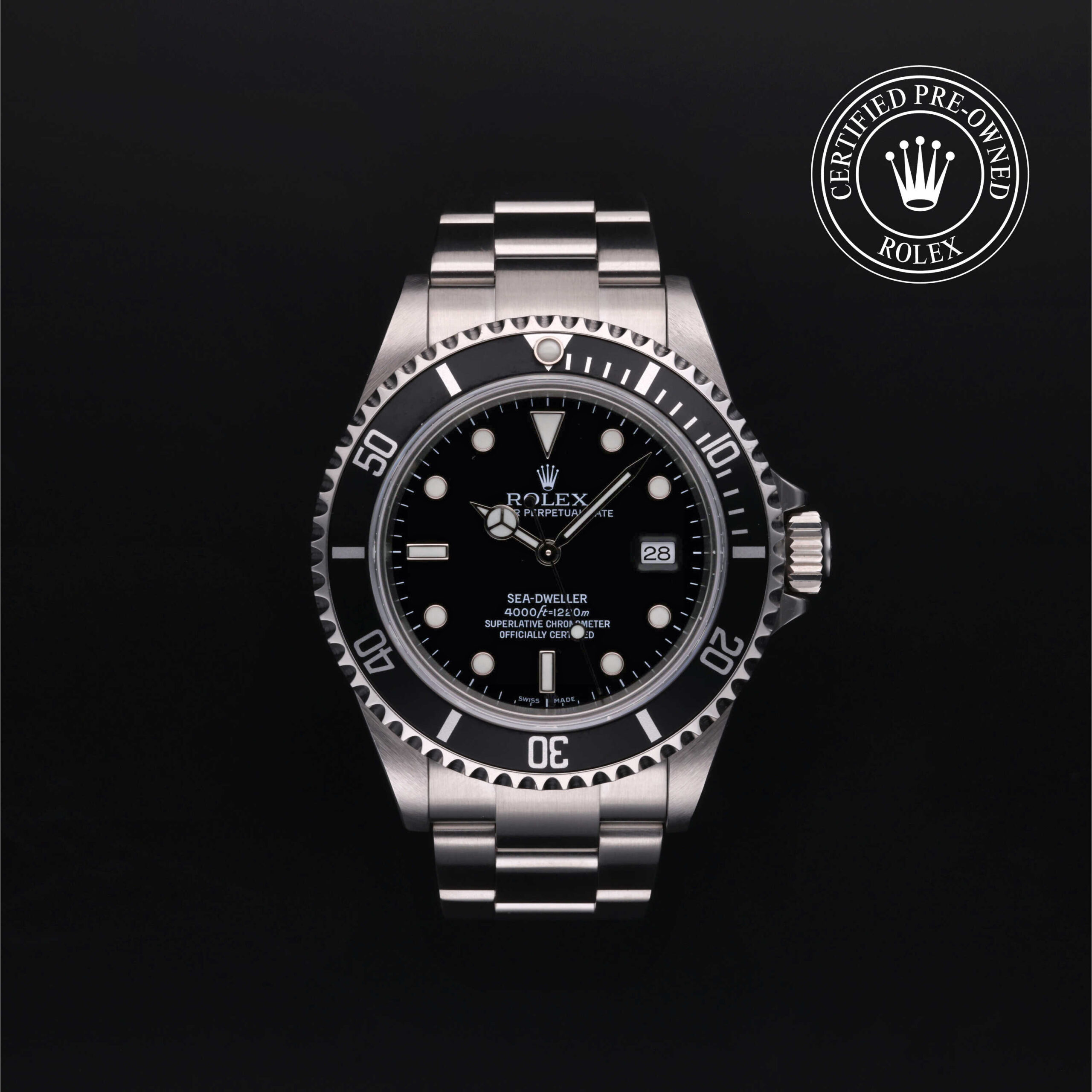 Rolex Certified Pre-Owned Sea-Dweller stainless steel black dial front view