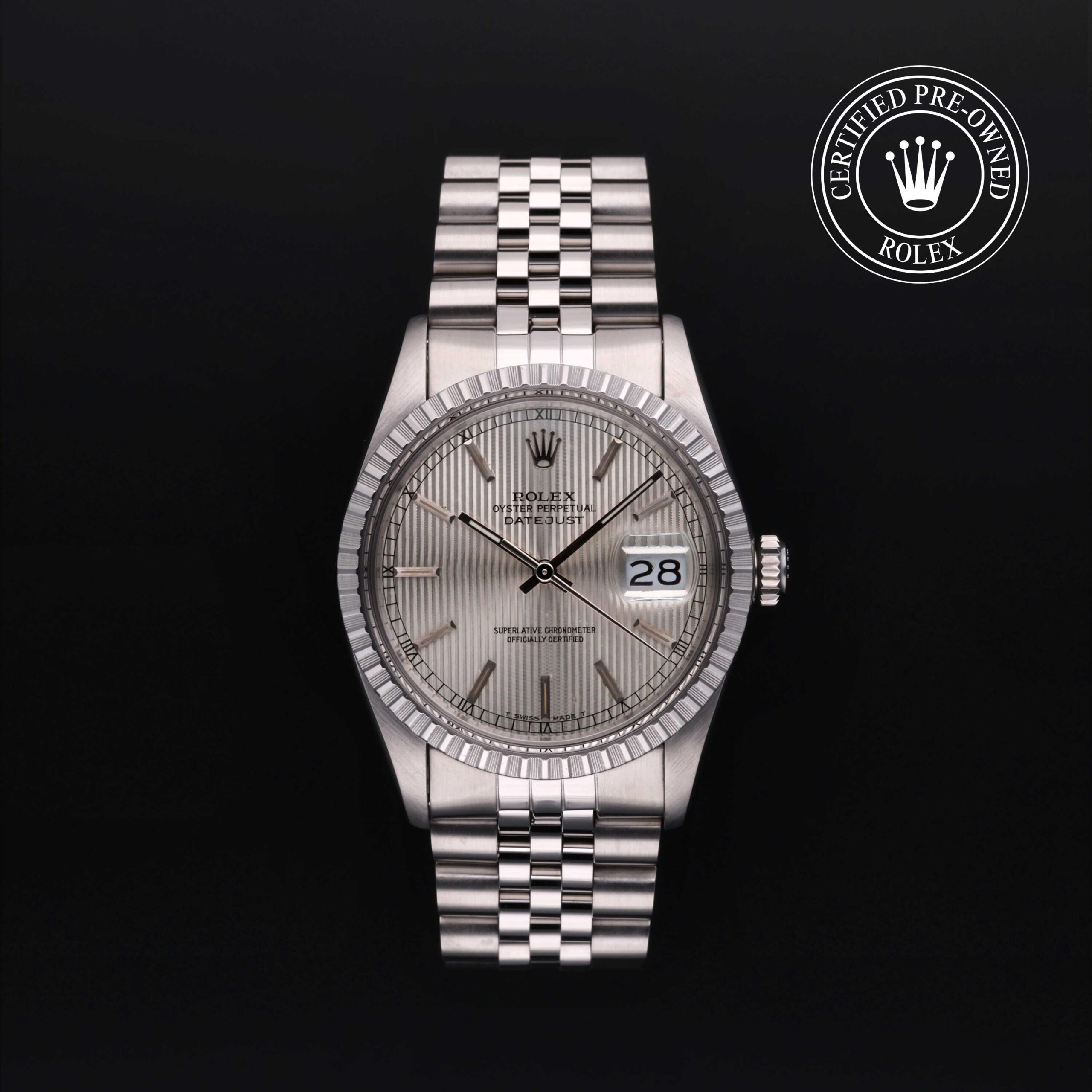 Rolex Certified Pre-Owned Datejust 16030 36mm steel engine-turned bezel