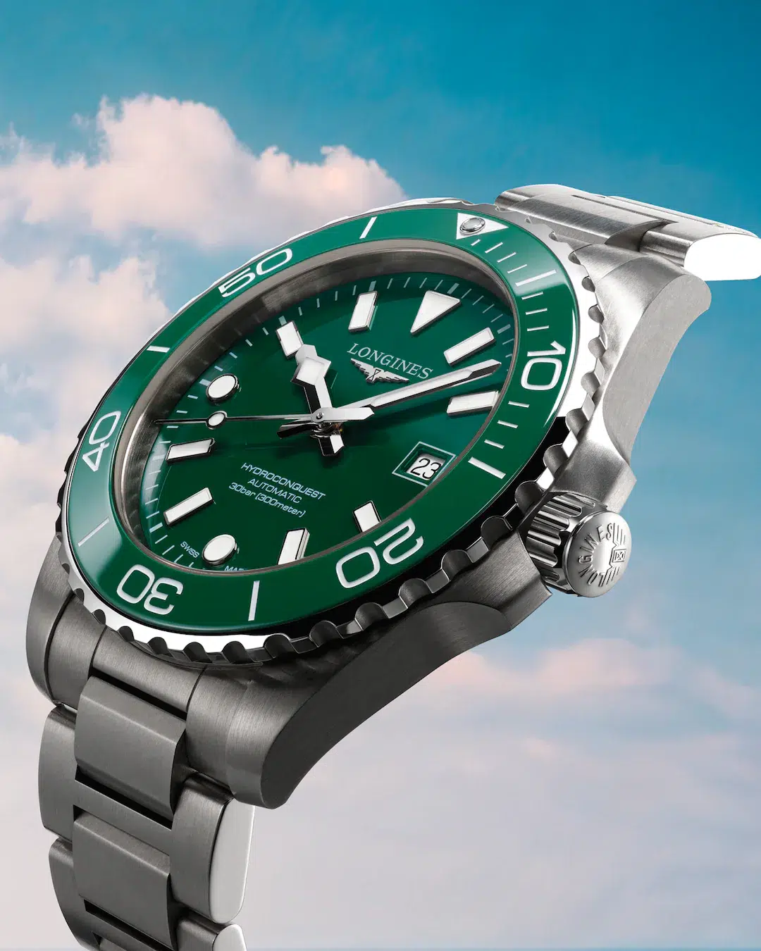 hydroconquest green colored dial with clouds background