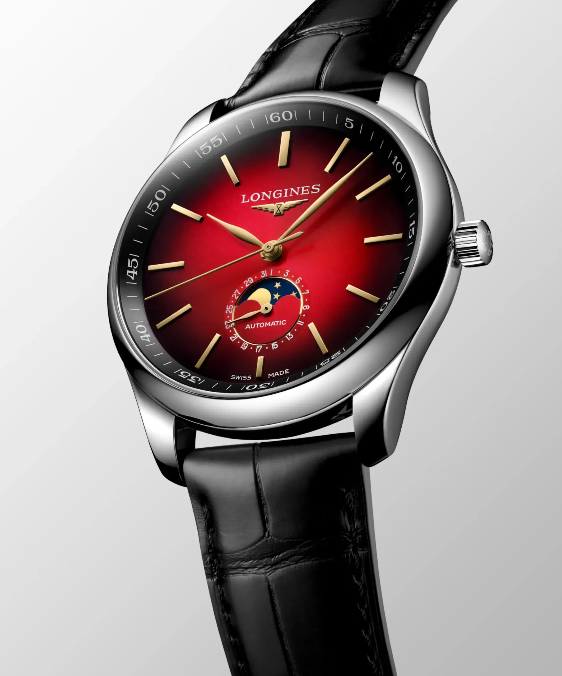 Longines Master Collection Year of the Horse Edition side angle of red dial watch